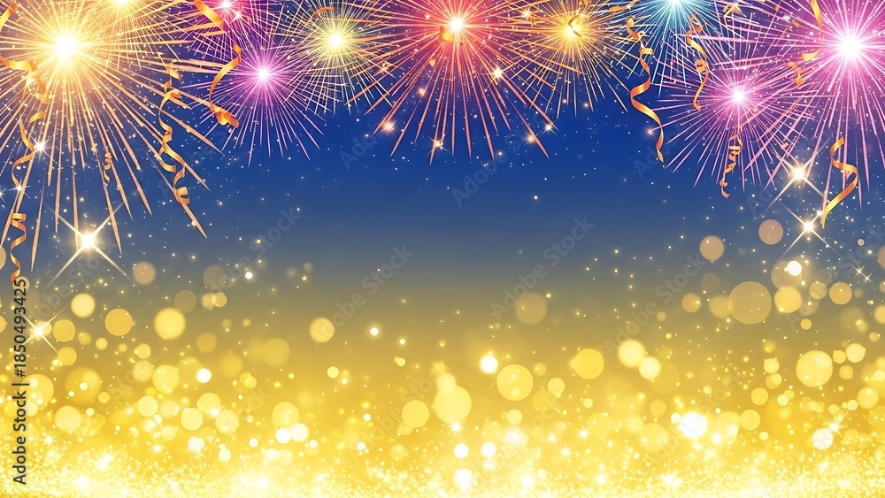 Obraz premium Vibrant fireworks illuminating night sky with golden bokeh