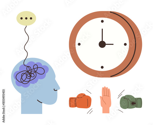 Human profile with tangled brain lines, clock showing tension and deadlines, boxing gloves with a hand symbolizing conflict resolution. Ideal for stress, decision-making, mental health, time