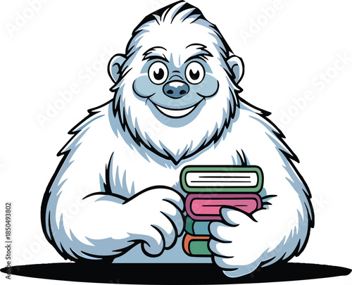 Cartoon Yeti Holding a Stack of Books abominable snowman character