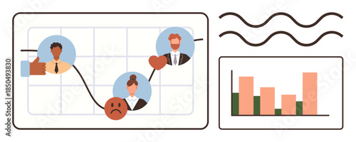Graph displaying emotional feedback and business performance, with team members linked to sentiment points. Ideal for analytics, team dynamics, business trends, emotion metrics, workplace connection