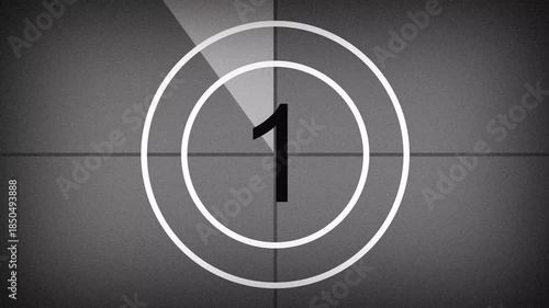 Countdown from 5 to 0 in grayscale old film. Grainy vintage film look. 4K animation.