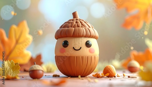 Adorable cartoon acorn character with a happy expression, surrounded by fall leaves, acorns, and bokeh in a warm, inviting setting