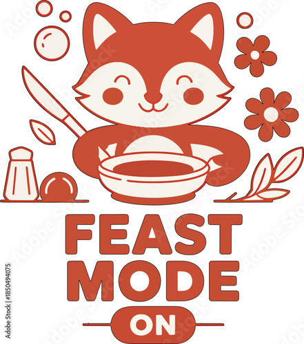 Cute fox in feast mode with bowl, knife, and salt shaker fox, cartoon, cute, animal