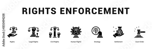 Rights Enforcement Modern and clean web banner illustration featuring thematic icons for visual communication
