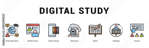 Digital Study Modern and clean web banner illustration featuring thematic icons for visual communication