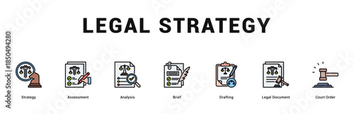 Legal Strategy Modern and clean web banner illustration featuring thematic icons for visual communication