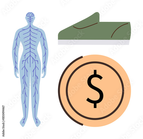 Human nervous system structure, green shoe, and dollar symbol highlighting connections between health, mobility, and economics. Ideal for health costs, mobility, medical research, wellness finance