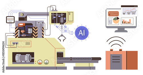 Automated industrial machine with AI, robotic mechanisms, analytics dashboard, conveyor belt. Ideal for AI, automation, industry 4.0 robotics smart factory IoT efficiency. Simple flat metaphor