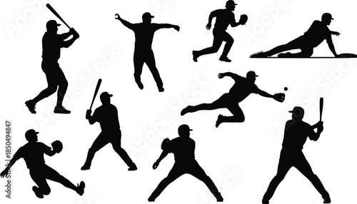 Baseball Player Silhouettes Collection, Dynamic Action Poses Vector Set, Hitter Pitcher Fielder Sports Graphic Elements, Game Activities Isolated on White Background.