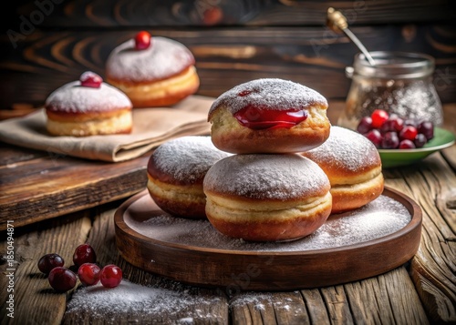 Classic Polish Paczki on a Rustic Wooden Table, Filled with Strawberry Jam and Topped with Powdered Sugar
