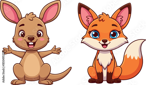 Happy Cartoon Kangaroo and Cute Fox with Blue Eyes Standing Together, Friendly Australian and Woodland Animal Characters Vector Illustration.