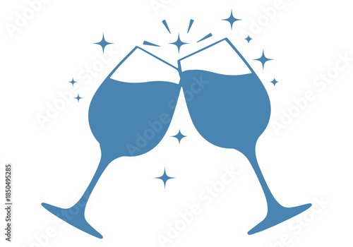 Cheers! Two glasses clinking with celebratory sparkles and stars