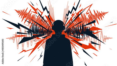 Abstract Red Black Silhouette Character depicting Sensory Overload Intense Sound and Noise Pollution for Mental Health Awareness, Digital Stress Blogs, and Educational Content