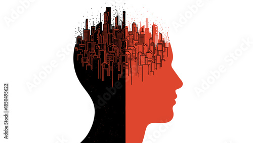 Abstract human head with cityscape mind transition illustrating urban stress concept, mental complexity, brain architecture metaphor, thought process visual,