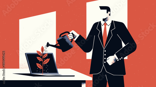 Businessperson watering plant from laptop, a workplace well-being metaphor for digital growth, professional self-care, cultivating innovation,