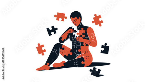 Person Assembling Emotional Reconstruction Puzzle Pieces, a Symbolic Illustration of Self-Reconstruction Journey for Mental Health Recovery, Identity Formation, and Inner Healing Awareness