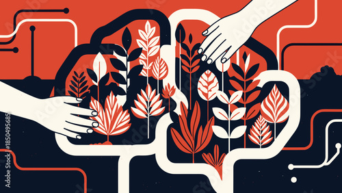 The concept of nurturing mental health: stylized brain garden with caring hands tending plants for emotional well-being, cognitive development, psychological growth,