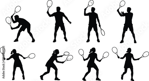 ennis Player Silhouette Vector Set, Male and Female Athletes in Action, Sport, Racket, Game, Competition, Championship, Fitness Graphics.