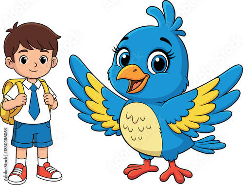 Happy Schoolboy with a Backpack Standing Next to a Large Cute Blue Bird Mascot, Education, Learning, and Child-Friendly Vector Illustration.