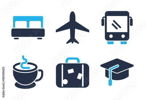 Travel, Accommodations, and Study icon set. Solid glyph series icons