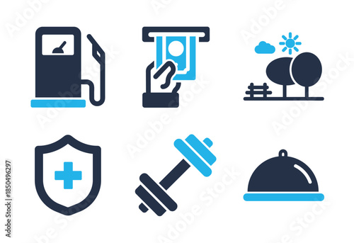 Public Facilities and Healthy Lifestyle icon set. Solid glyph series icons