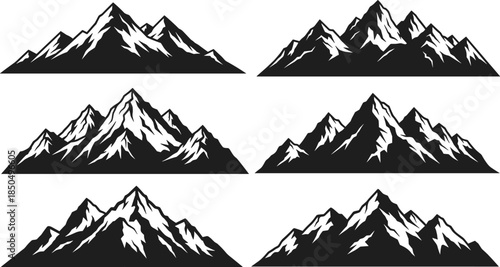 Mountain Range Silhouette Vector Set, Six Majestic Peaks, Snowy Caps, Landscape Graphics, Nature, Adventure, Hiking, Outdoors, Travel Icon.