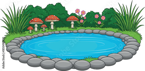 Tranquil Cartoon Pond Surrounded by Grey Stones, Red Toadstool Mushrooms, Grass, and Lush Green Foliage Vector Illustration.