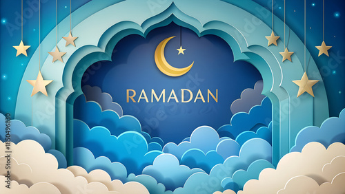 Ramadan crescent moon and stars, a paper cut art style illustration with mosque arch and clouds, in blue and gold colors