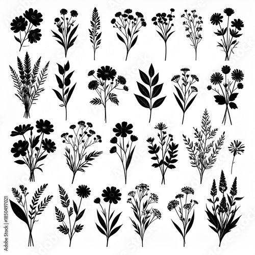 Set of vintage black and white vector floral elements featuring seamless damask ornaments and silhouette leaf swirls for retro nature wallpaper decoration or tattoo style art illustration
