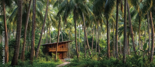 Lush Coconut Palm Grove with Rustic Wooden House in Tropical Jungle