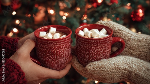 Festive Hands Holding Two Red Mugs with Marshmallows by Christmas Tree
