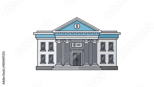 Classic bank building with columns and dollar sign representing financial institution and wealth isolated on white background