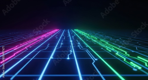 Wallpaper Mural Futuristic neon digital grid with vibrant glowing lines and pathways in a dark space scene Torontodigital.ca