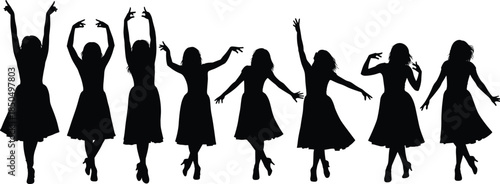Dancing women silhouettes in elegant dresses, graceful female movement poses, expressive modern dance concept isolated on white background illustration