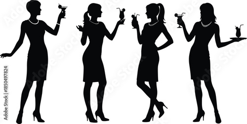 Elegant female cocktail party silhouettes, stylish women holding drinks, fashion poses, nightlife celebration concept isolated on white background studio illustration