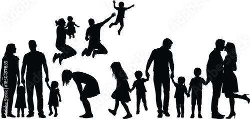 Happy family silhouettes with parents and children, playful jumping and walking poses, loving relationships concept isolated on white background illustration
