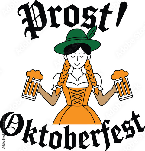 Oktoberfest woman in dirndl holding beer mugs with " Prost! Oktoberfest vector illustration