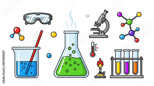 Collection of colorful science laboratory equipment icons including beakers flasks microscopes and test tubes for educational and research concepts flat vector illustration