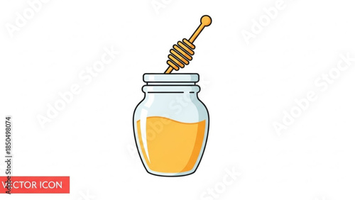 Honey dipper in a glass jar sweet golden liquid flat vector illustration for food and beverage design isolated on white