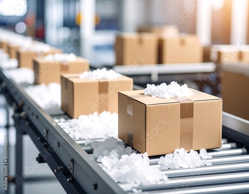 Cardboard boxes travel along a conveyor belt, packed with white filler, in a warehouse setting, with bright overhead lighting