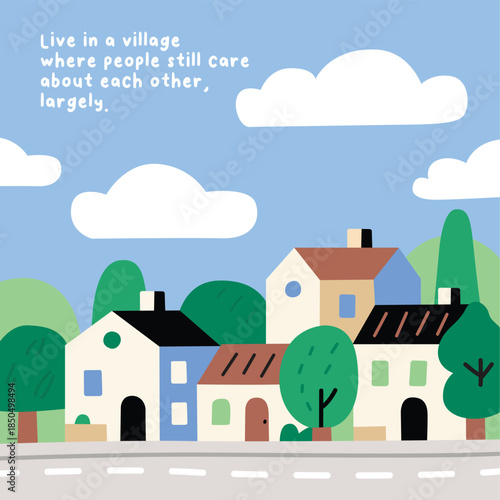 Cute Village Landscape Illustration with Houses