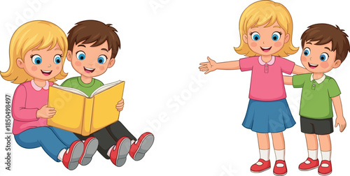 Cute Cartoon Boy and Girl Friends Posing and Reading Together, Happy Primary School Children Characters Vector Illustration for Education and Fun.