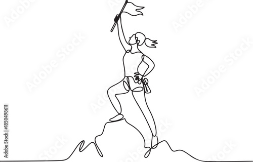 Single one line drawing woman climber standing on top of mountain with flag.one line  vector illustration  with out background