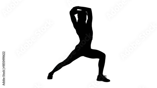 Silhouette of a person in a warrior yoga pose demonstrating strength and flexibility isolated on a white background for fitness and wellness concepts