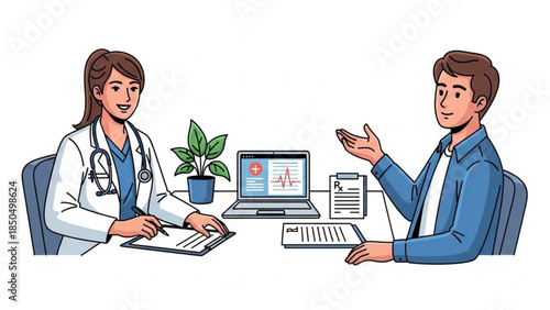 Doctor consulting with patient discussing medical results on laptop screen illustration for healthcare and wellness concepts