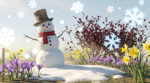 snowman on frozen springlike scene where the snow is melting and spring flowers are blooming