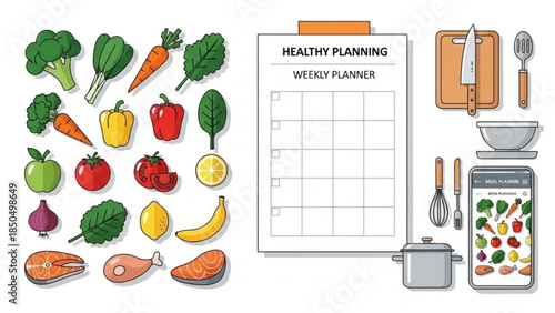 Healthy food icons and weekly planner flat design elements for meal preparation and diet planning isolated on white background