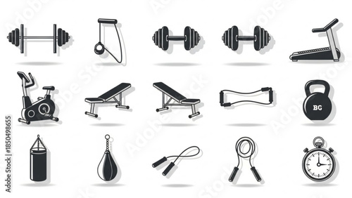 Collection of fitness equipment icons including dumbbells treadmill and kettlebell flat vector design for gym apps and health websites isolated on white