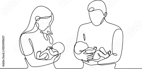 Vector one line art set of illustrations of mother and father holding a new born baby heels and hands.one line  vector illustration  with out background