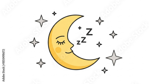 Sleeping crescent moon with closed eyes and stars representing night sleep and dreams perfect for childrens illustrations and bedtime stories